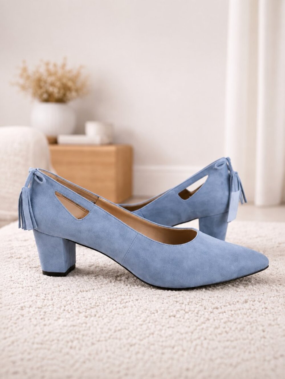 Comfortview Judy Blue Heels 8.5W Wide Block Heel Blue Tassel Pointed Toe